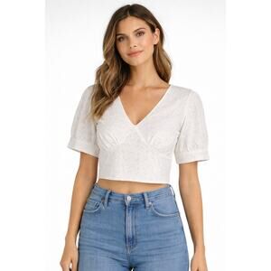 Lili Sidonio White Woven Floral Eyelet Crop Top Womens Medium New Short Sleeve